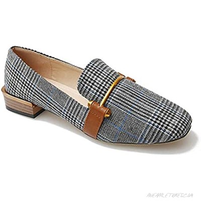 Women's Classic Square Toe Loafers Comfortable Plaid Stacked Chunky Low Heel Slip-on Dress Shoes