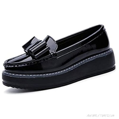Women's Patent Leather Penny Loafers Bowknot Slip On Platform Sneakers Uniform Dress Oxford Shoes
