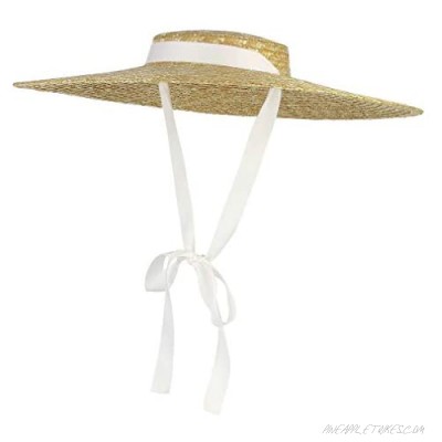 GEMVIE Women Casual Summer Straw Hat Large Brim Flat Top Boater Hat Braided Beach Sun Cap with Chin Strap