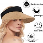 RNFENQS 2 Pack Women's Straw Visor Sun Hat Wide Brim UPF 50+ Foldable Beach Cap with Open-top