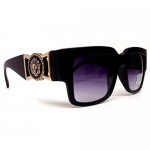 Black Square Gold Lion Head Medallion Square Sunglasses Black Lens (MED-2B)