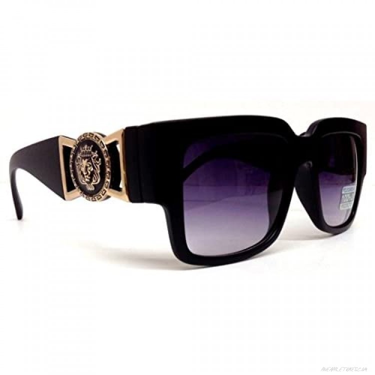 Black Square Gold Lion Head Medallion Square Sunglasses Black Lens (MED-2B)