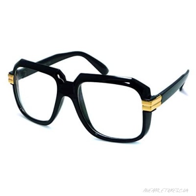 Large Classic Retro Square Frame Clear Lens Glasses Black Gold