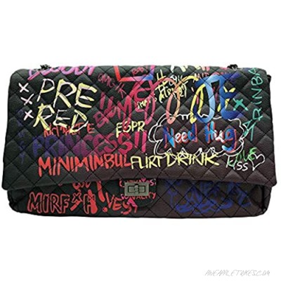 Color Graffiti Printed Shoulder Big Bags Fashion Large Travel Bags Women Luxury Chain Handbags (Large size(Black))