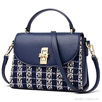 Leather Crossbody Bag for Women Genuine Leather Tweed Fabric Ladies Messenger Bags with Adjustable Shoulder Strap Women's Small Handbags Womens Mini Top-handle Bags Leather Purses and Handbags (Blue)