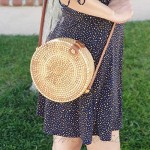 SAIGON CHIC Handwoven Round Rattan Bag Shoulder Leather Straps Natural Chic | Hand Woven Straw Crossbody Wicker Purse for Women