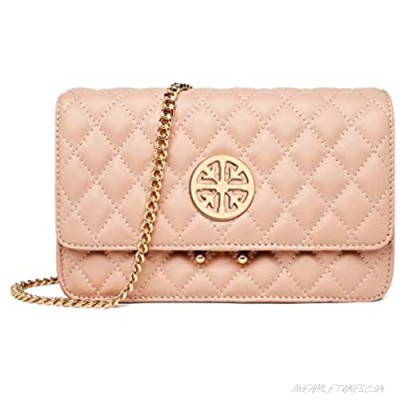 Women Genuine Leather Shoulder Bag Ladies Fashion Clutch Purses Quilted Crossbody Bags With Chain - Quilted Pink