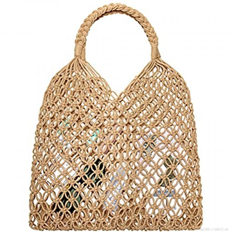 Women's Beach Straw Handbag Handmade Straw Bag Fishing Net Travel Beach Handbag Shopping Woven Shoulder Bag for Women Girl