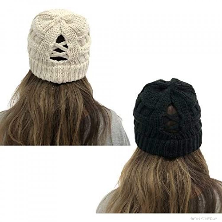 DANMY Ponytail Beanie for Women High Messy Bun Beanie Hat with Ponytail Hole Winter Warm Beanie Knit Hat