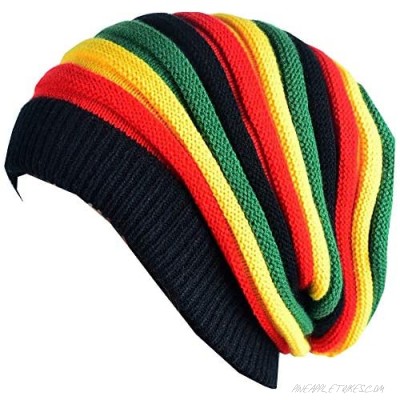 Hand Crochet Knit Slouchy Dread Rasta Reggae Hat with Stripes for Women Men