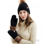 Maylisacc Hat and Gloves for Women Thermal Winter Knit Beanie Hats-and-Mittens 2 Pcs Set Ladies Thick Fleece Lined