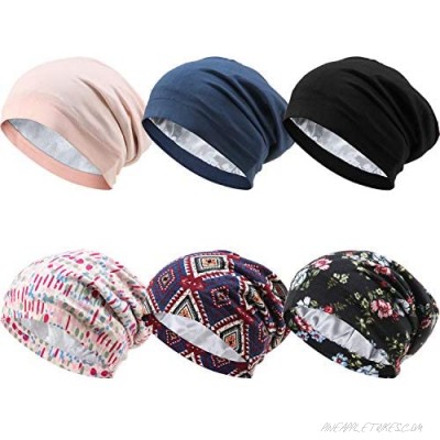 Syhood 6 Pieces Satin Lined Sleep Cap Slouchy Beanie Hat Bouffant Frizzy Natural Hair Wraps for Women