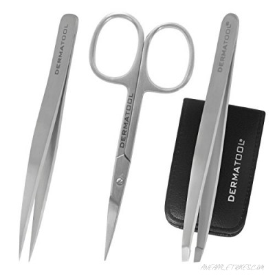 Tweezers Eyebrow Hair Removal Tool by DERMATOOL - Precision Pointed and Slant Tweezer Set with Scissors in Stainless Steel FREE Leather Case