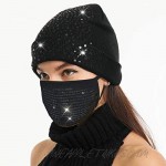 Womens Winter Black Knitted Beanie with Sequins Masks Bling Knit Hat Mask Set
