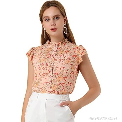 Allegra K Women's Short Sleeve Button Front Shirt Ruffle Collar Floral Chiffon Top Blouse