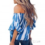 Bdcoco Women's Floral Printed Off The Shoulder Blouse Tops Striped Tie Knot 3 4 Flare Sleeve Shirts