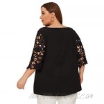 Romwe Women's Plus Size Casual Guipure Lace Half Sleeve Boat Neck Solid Blouse Tee Top