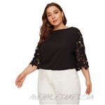 Romwe Women's Plus Size Casual Guipure Lace Half Sleeve Boat Neck Solid Blouse Tee Top