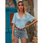 SheIn Women's Short Sleeve V Neck Guipure Lace Trim Solid Blouse Shirt Tops
