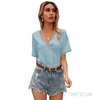 SheIn Women's Short Sleeve V Neck Guipure Lace Trim Solid Blouse Shirt Tops