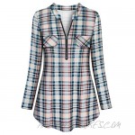 Tanst Sky Womens Casual Long Sleeve Zipped V Neck Plaid Tunic Blouses