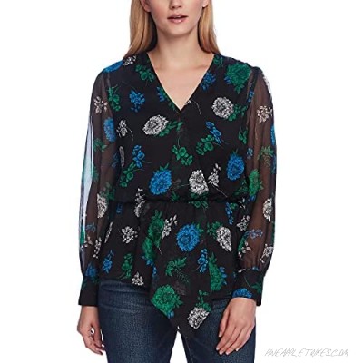 Vince Camuto Womens Black Floral Long Sleeve V Neck Peplum Wear to Work Top Size