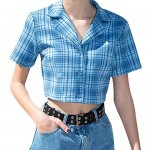 Womens Short Sleeve Plaid T Shirt Blouse Tee Vintage V Neck Button Down Crop Top Cardigan