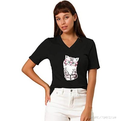 Allegra K Women's Cotton V Neck T Shirt Cartoon Cat Print Short Sleeve Shirts