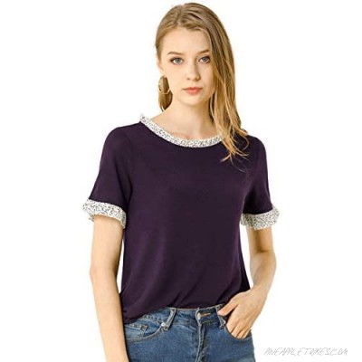 Allegra K Women's Work Ruffled Trim Cuff Round Neck Solid Top Knit T-Shirt