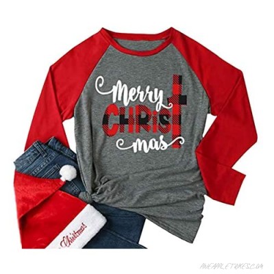 Anbech Women Merry Christmas Letter Paint Baseball T-Shirt 3/4 Sleeve Plaid Blouse Tee Tops