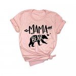 Dresswel Women Mama Bear Cartoon Letter Printed Round Neck Short Sleeve Pullover Tee T-Shirt