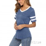 Famulily Womens Baseball Tee Short Sleeve V Neck Loose Striped Tshirt Tunic Top with Pocket