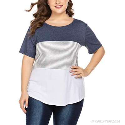 IN'VOLAND Women's Plus Size T-Shirt Cotton Short Sleeve Tops Color Block Stripe T-Shirt Round Neck Tunics Top 16W-24W