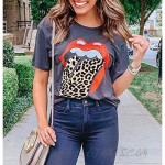 Lashapear Womens Red Lips Leopard Print T-Shirts Casual Summer Cute Short Sleeve Funny Graphic Tees Tops