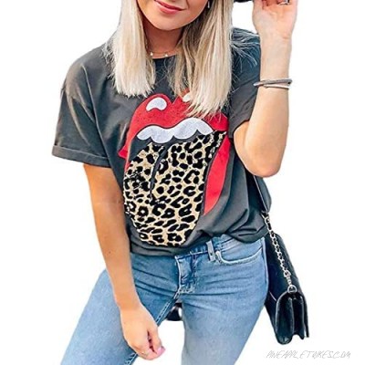 Lashapear Womens Red Lips Leopard Print T-Shirts Casual Summer Cute Short Sleeve Funny Graphic Tees Tops