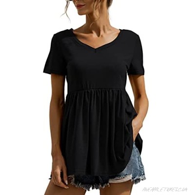 LYANER Women's V Neck Peplum Top Babydoll Short Sleeve Pleated T-Shirt Blouse