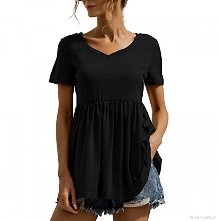 LYANER Women's V Neck Peplum Top Babydoll Short Sleeve Pleated T-Shirt Blouse