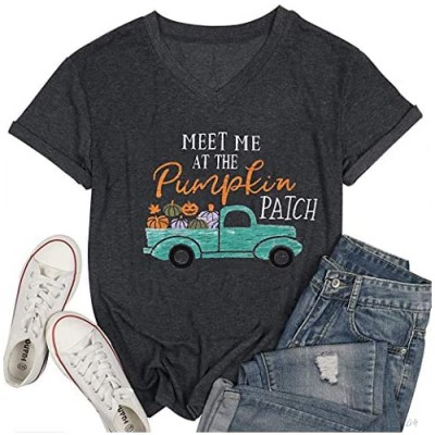 MAXIMGR Meet Me at The Pumpkin Patch Letter Print T Shirt Women Casual Graphic V-Neck Short Sleeve Fall Tops Tee