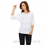 MBJ Womens ITY V-Neck 3/4 Sleeve Drape Top with Side Shirring Dolman - Made in USA