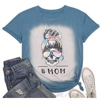 MYHALF Mom T-Shirt Women Funny Skull Shirt Mother's Day T Shirt Bleached Graphic Tee Casual Short Sleeve Tops