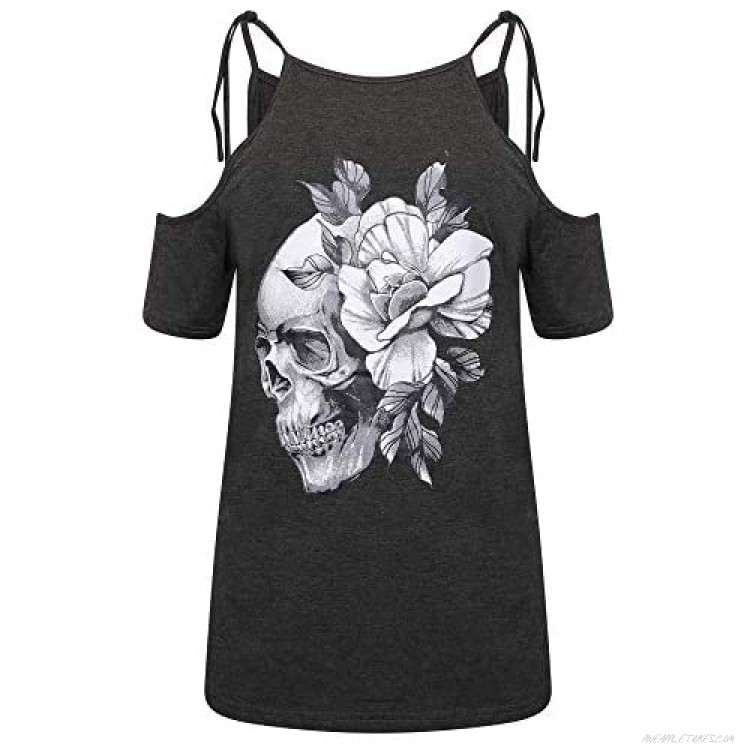 Ro Rox Piper Skull Roses Cold Shoulder Top Casual Punk Goth Style Womens T-Shirt