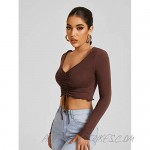 SheIn Women's Ruched Drawstring Front Deep V Neck Solid Long Sleeve Crop Tee Top