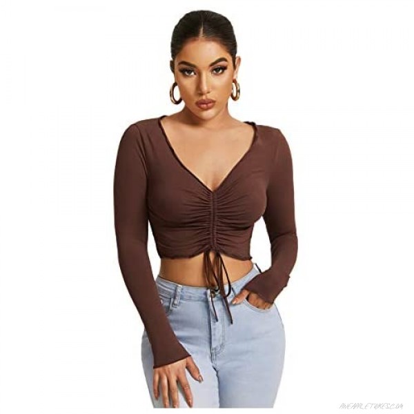 SheIn Women's Ruched Drawstring Front Deep V Neck Solid Long Sleeve Crop Tee Top