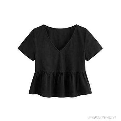 SheIn Women's V Neck Short Sleeve T Shirt Ruffle Hem Solid Peplum Tee Tops