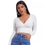 SOLY HUX Women's Surplice V Neck Long Sleeve Tee Ribbed Knit Crop Tops