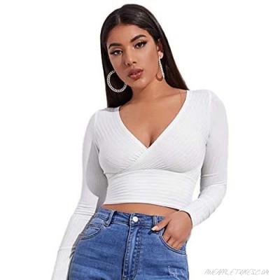 SOLY HUX Women's Surplice V Neck Long Sleeve Tee Ribbed Knit Crop Tops