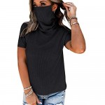 Valphsio Womens Turtleneck Mask T-Shirt Short Sleeve Ribbed Knit Blouse Tops