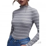 Verdusa Women's Mock Neck Long Sleeve Striped Rib Knit Tee Shirt Top