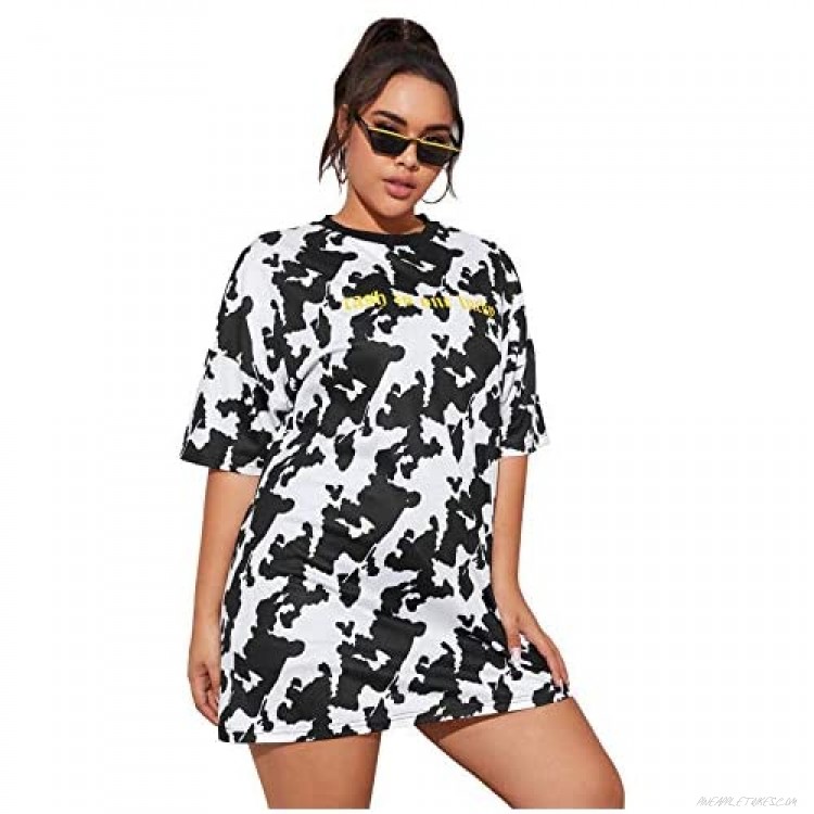 WDIRARA Women's Plus Cow Print Round Neck Short Sleeve Tee Casual T Shirt Top