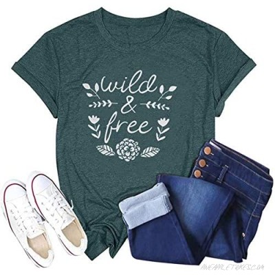 Wild and Free Letter Printed Shirt for Women Flower Graphic Casual Tee Tops
